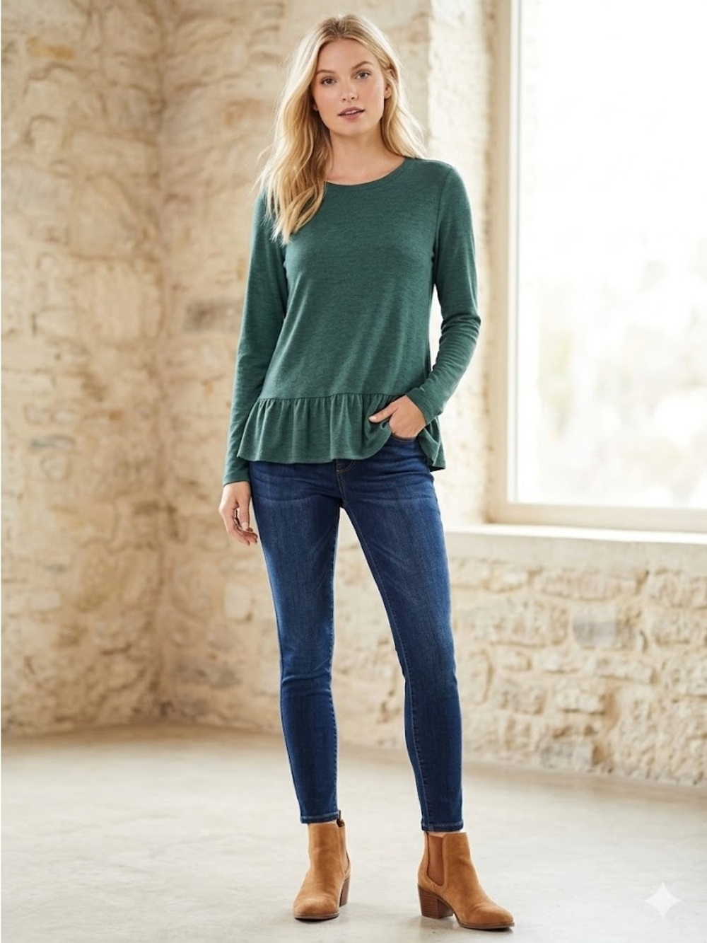 NWT LOFT Heathered Green Ruffle Peplum Long Sleeve Top Large